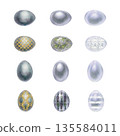 Pearl gray watercolor Easter eggs. A large set of monochrome and ornamental hand-drawn egg illustrations in a realistic style on a white background, perfect for Easter design materials, invitations 135584011