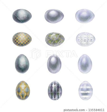 Pearl gray watercolor Easter eggs. A large set of monochrome and ornamental hand-drawn egg illustrations in a realistic style on a white background, perfect for Easter design materials, invitations 135584011