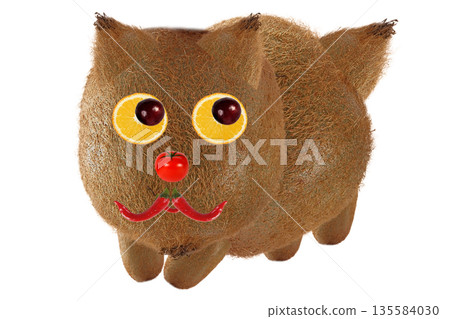 Creative food concept. Little kitten  made from kiwi and orange. 135584030