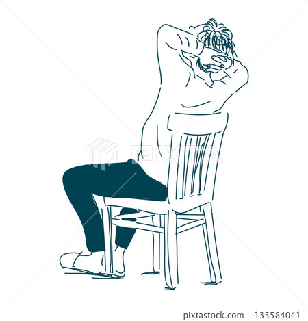 Monochrome illustration of a man sitting in a chair and holding his head 135584041