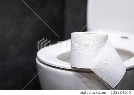 Bathroom tissue placement, Modern hotel bathroom with folded toilet paper and subdued lighting 135584100