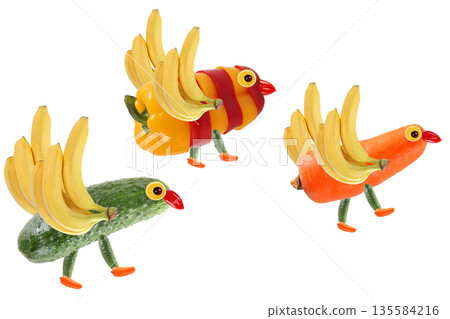 Creative food concept. Funny little birds made of fruits and vegetables. 135584216