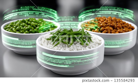Bowls of rice and vegetables with a digital effect during a cooking session in a kitchen 135584293