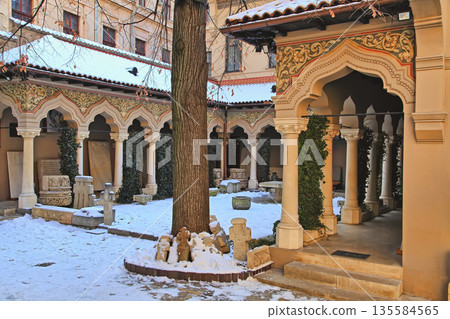 Bucharest, Romania - January 8, 2019: Women's Bucharest Stavropol Monastery in the name of Mch. Justin the Philosopher of the Diocese of Bucharest. Old town of Bucharest, Romania. Bucharest, Romania - January 8, 2019: Women's Bucharest Stavropol Monastery in the name of Mch. Justin the Philosopher of the Diocese of Bucharest. Old town of Bucharest, Romania. 135584565