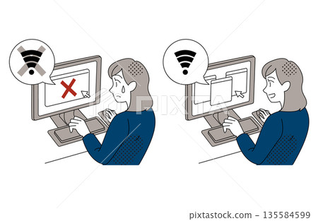 Female office illustration showing WiFi connection trouble and recovery Female office illustration showing WiFi connection trouble and recovery 135584599