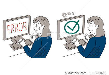 Before and after illustration of a woman solving a computer error 135584600
