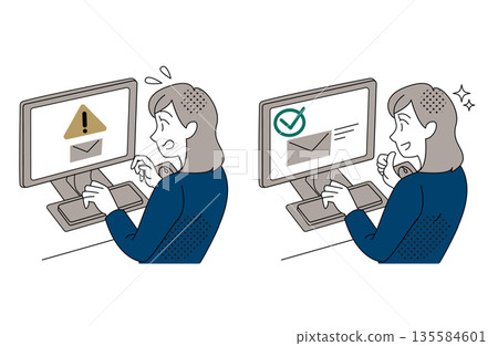 Contrasting office illustration of a woman resolving an email sending error Contrasting office illustration of a woman resolving an email sending error 135584601
