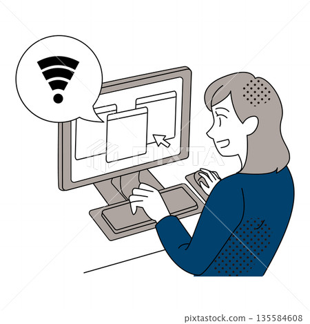 Office illustration of a woman working after the Wi-Fi connection is restored 135584608