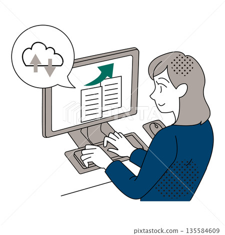 辦公室插圖,描繪了一位女士正在上傳資料到雲端並工作。 辦公室插圖,描繪了一位女士正在上傳資料到雲端並工作。 135584609