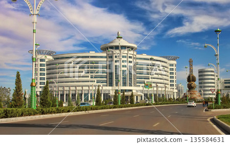 Ashgabat, Turkmenistan - October 20, 2023:  Part of the sport complex. Hotel "Sport" 135584631