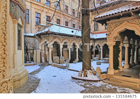 Bucharest, Romania - January 8, 2019: Women's Bucharest Stavropol Monastery in the name of Mch. Justin the Philosopher of the Diocese of Bucharest. Old town of Bucharest, Romania. Bucharest, Romania - January 8, 2019: Women's Bucharest Stavropol Monastery in the name of Mch. Justin the Philosopher of the Diocese of Bucharest. Old town of Bucharest, Romania. 135584675