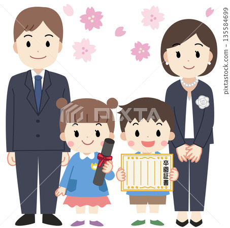 一幅描繪一家人(父母和孩子)參加畢業典禮的插圖 一幅描繪一家人(父母和孩子)參加畢業典禮的插圖 135584699
