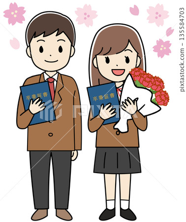 Illustration of male and female students with diplomas attending a graduation ceremony Illustration of male and female students with diplomas attending a graduation ceremony 135584703