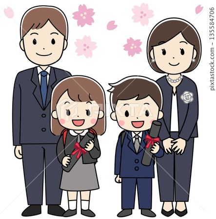 一幅描繪一家人參加小學畢業典禮的插圖 一幅描繪一家人參加小學畢業典禮的插圖 135584706