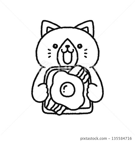 Cat eating bacon and egg toast line drawing 135584716