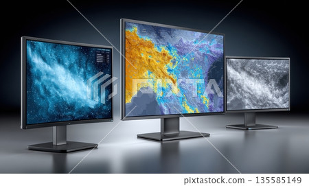 Display of three computer monitors showing different data visualizations at a tech workspace or office setting 135585149