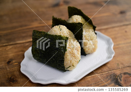 Whitebait and perilla leaf rice balls with wasabi and soy sauce Whitebait and perilla leaf rice balls with wasabi and soy sauce 135585269