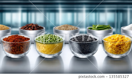 Various spices and ingredients arranged in glass bowls on a table in a kitchen setting during daytime 135585327