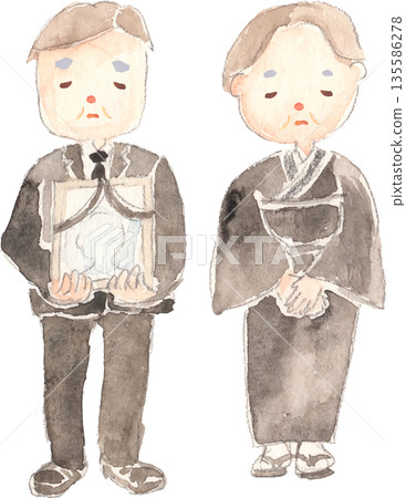 Watercolor illustration of a couple wearing mourning clothes and holding a portrait of a deceased man, vector Watercolor illustration of a couple wearing mourning clothes and holding a portrait of a deceased man, vector 135586278