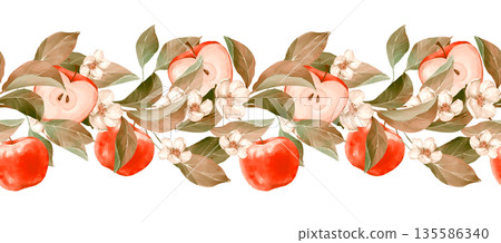 Hand drawn illustration of a seamless horizontal border featuring deep red apples, pink blossoms, and golden autumn leaves. 135586340