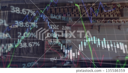 Displaying translucent chart overlay in office, with candlestick bars, trend lines and birdhouses 135586359