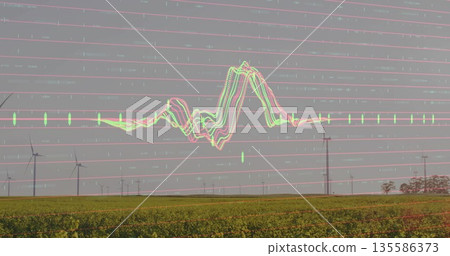 Showing row of wind turbines rising over green crop field at wind farm, with digital grid Showing row of wind turbines rising over green crop field at wind farm, with digital grid 135586373