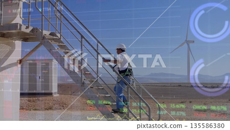 Climbing technician scaling turbine staircase with harness, hardhat and chart overlays, copy space Climbing technician scaling turbine staircase with harness, hardhat and chart overlays, copy space 135586380