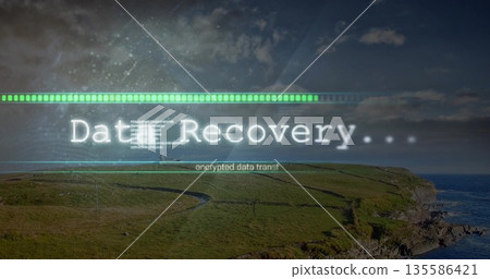 Digital overlay progressing at coastal headland, with Data Recovery bar and encrypted data transfer Digital overlay progressing at coastal headland, with Data Recovery bar and encrypted data transfer 135586421
