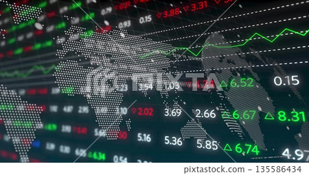 Showing dotted world map overlaying grid display, with green market line, tickers and dashed lines 135586434