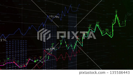 Displaying green blue red trend lines on dark grid trading screen, showing +11 Displaying green blue red trend lines on dark grid trading screen, showing +11 135586443