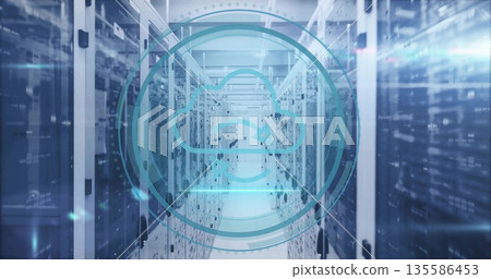 Projecting translucent teal cloud icon overlay in data center aisle, highlighting server racks 135586453
