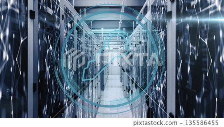 Floating blue digital key symbol hovering in data center corridor, with server racks, patch cables 135586455