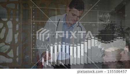 Reviewing physician in lab coat holding clipboard in consultation room, with ECG overlays 135586457