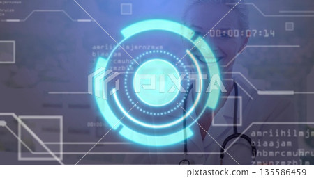 Doctor in lab coat viewing digital interface in clinic, with stethoscope, data overlays, copy space Doctor in lab coat viewing digital interface in clinic, with stethoscope, data overlays, copy space 135586459