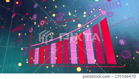 Showing upward trending bar chart on grid lines with curved arrow, particles, targets, virus shapes Showing upward trending bar chart on grid lines with curved arrow, particles, targets, virus shapes 135586470