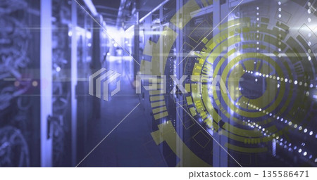 Server racks extending down data center aisle, with cables overhead and LED lights, digital overlay Server racks extending down data center aisle, with cables overhead and LED lights, digital overlay 135586471