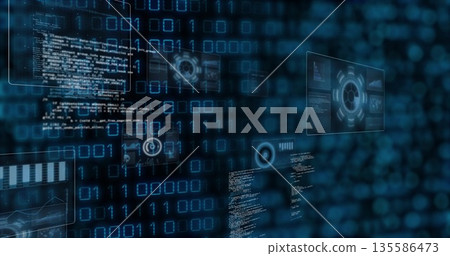 Displaying code panel showing code text and HUD graphics on blue interface featuring binary digits Displaying code panel showing code text and HUD graphics on blue interface featuring binary digits 135586473
