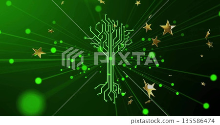 Radiating green circuit-tree shape glowing in virtual environment, with gold stars and glowing orbs 135586474