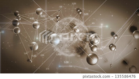 Linking spheres and lines around core sphere into data network in space, with numeric readouts Linking spheres and lines around core sphere into data network in space, with numeric readouts 135586476