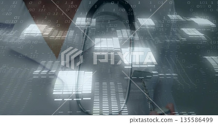 Presenting physician wearing lab coat with stethoscope in clinic, with binary code overlay 135586499