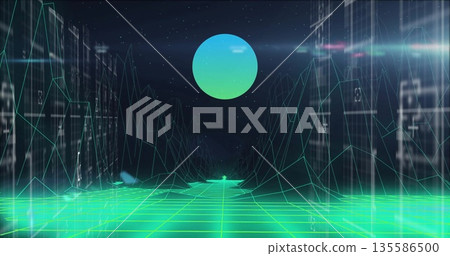 Standing human figure navigating neon grid in virtual realm with glowing orb, translucent towers 135586500