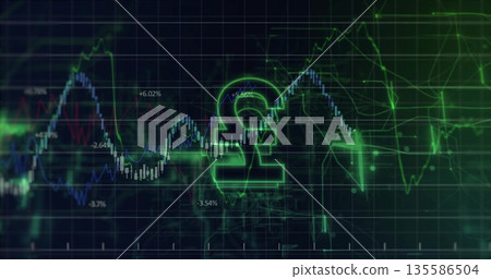 Displaying neon green pound symbol glowing on dark grid showing candlestick bars and change labels 135586504