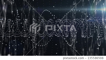 Displaying white dotted waveform structure in virtual space, with cascading dots and particles 135586508