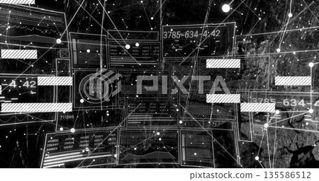 Showing translucent data panels floating on map, with gauge, nodes, dashed lines and data points 135586512