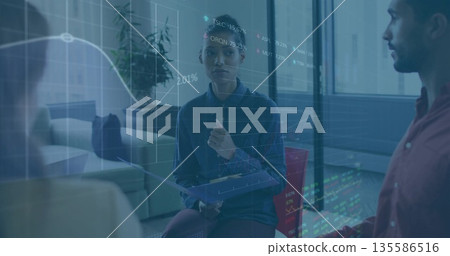 Gesturing central businesswoman presenting digital chart overlay in office lounge, with tablet Gesturing central businesswoman presenting digital chart overlay in office lounge, with tablet 135586516