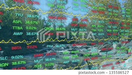 Displaying screen overlaying stock tickers with yellow line graphs on rocky river with conifers Displaying screen overlaying stock tickers with yellow line graphs on rocky river with conifers 135586527