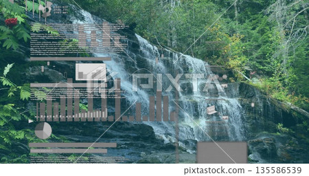 Cascading waterfall flowing over mossy rock ledges at forest creek pool, with data overlays 135586539