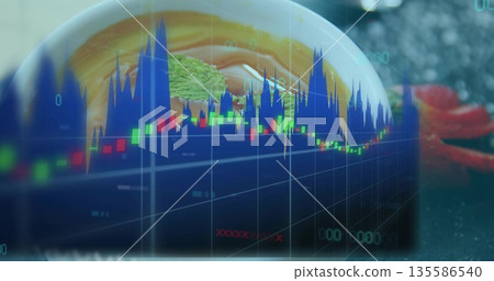 Presenting ceramic bowl holding broth and leaf garnish on countertop, with financial chart overlay 135586540