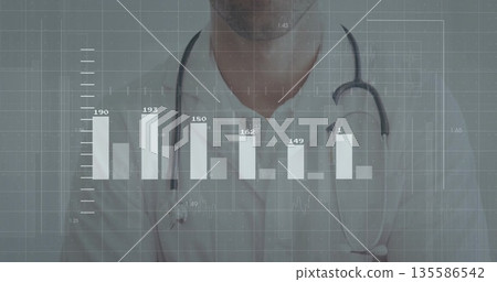 Displaying bar chart interface with grid lines overlaying doctor wearing coat stethoscope in clinic 135586542