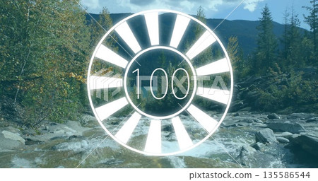 Superimposing circular progress graphic over creek in forested hills, with flowing water and rocks 135586544